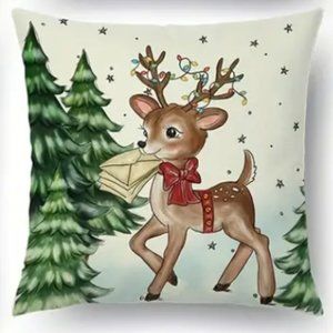 NEW CHRISTMAS DECOR DEER/FAWN DECORATED CHRISTMAS TREE LINEN PILLOW COVER 17.7"